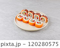 Japanese Sushi Rolls Philadelphia Uramaki Plate on Gray Background for Restaurant Menu or Food Delivery 120280575