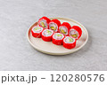 Japanese Sushi Rolls Philadelphia Uramaki Plate on Gray Background for Restaurant Menu or Food Delivery 120280576