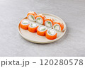 Japanese Sushi Rolls Philadelphia Uramaki Plate on Gray Background for Restaurant Menu or Food Delivery 120280578