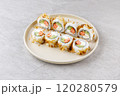 Japanese Sushi Rolls Philadelphia Uramaki Plate on Gray Background for Restaurant Menu or Food Delivery 120280579