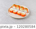 Japanese Sushi Rolls Philadelphia Uramaki Plate on Gray Background for Restaurant Menu or Food Delivery 120280584