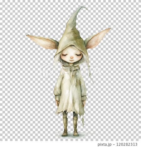 Watercolor Illustration of a Cute Elf with Large Ears and Leaf Hat, Whimsical Fantasy Character on Transparent Background 120282313