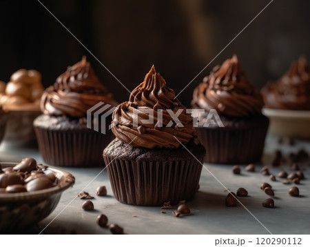 chocolate cupcake on dark wooden background. Generative AI 120290112