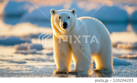 Wild polar bear is standing in water on melting 120204203