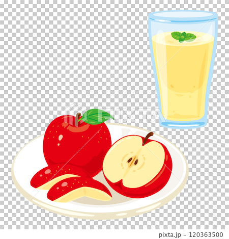 皿に盛られたリンゴとグラスに入ったリンゴスムージー 120363500