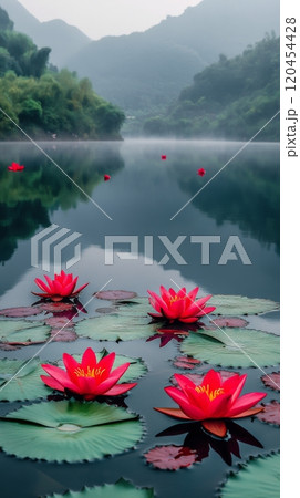 Blooming red lotus flowers on tranquil water surface in a serene natural landscape 120454428