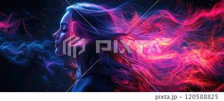 Young hispanic female with neon hair and digital elements in a cosmic setting 120588825