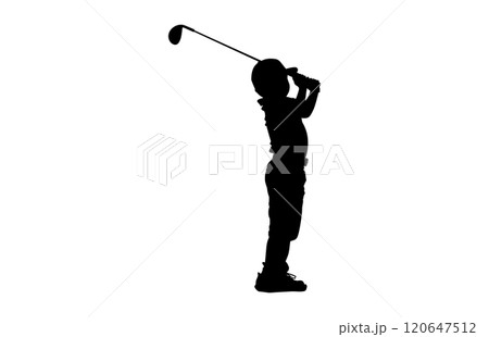 Silhouette of a boy playing Golf. The child stands in profile and swung the stick to strike 120647512