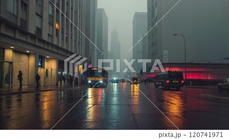 cinematic street view of a fog in the morning city 120741971