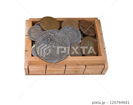 Ancient coins in a wooden chest isolated on white 120784681