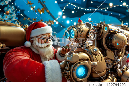 A santa claus sitting in a car next to a robot 120794993