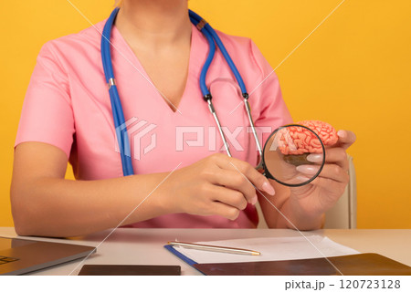 Female doctor with magnifying glass anatomical model human brain. Concept of early diagnosis of brain diseases 120723128