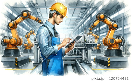 An engineer using a tablet to control robotic arms in a modern factory. 120724451