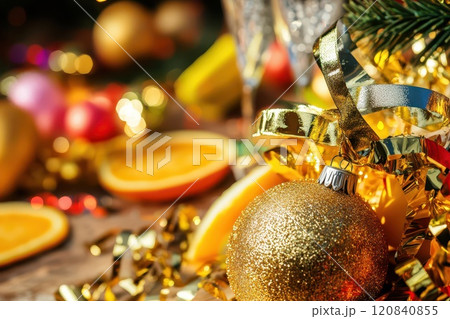 Gold ornaments and citrus Christmas decor 120840855