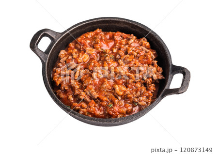 Bolognese sauce with minced beef and herbs in a skillet isolated on white background 120873149