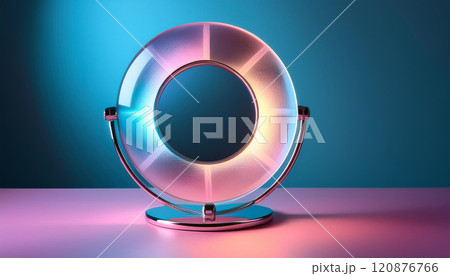 A colorful, neon lighted circle with a reflective surface 120876766