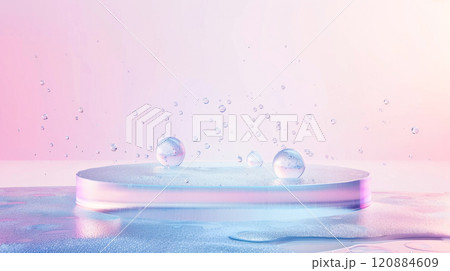 Abstract water droplets on circular surface with pastel gradient background 120884609