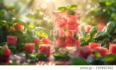 A glass of watermelon basil fresh juice floating gracefully in mid-air, surrounded by swirling basil leaves and watermelon cubes 120982382