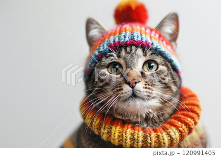 Happy cat wearing Artist costumes, studio lighting, isolated on white background, stock photographic style 120991405