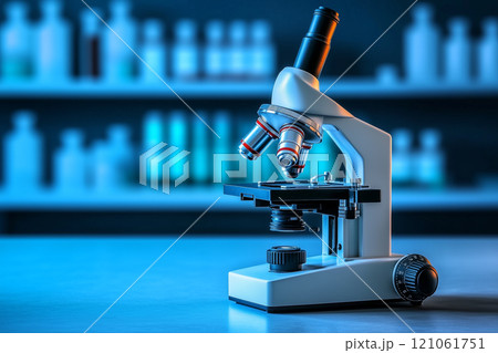 High-Resolution Image of a Laboratory Microscope with Metal Lens on a Table Surrounded by Blurred Laboratory Equipment in Soft Blue Lighting 121061751