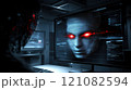 Digital face with glowing red eyes on futuristic computer screen 121082594