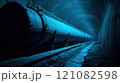 Underground industrial tunnel with large pipeline and mysterious bluish lighting 121082598