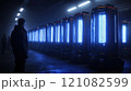 High-tech laboratory containers emitting blue glow in futuristic facility 121082599