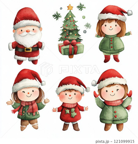 Adorable Christmas characters, including Santa and children, are joyfully dressed in festive attire with decorated tree and gift. scene captures warmth and cheer of holiday season 121099915