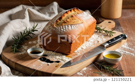 Freshly baked bread loaf on cutting board with rosemary and olive oil 121150221