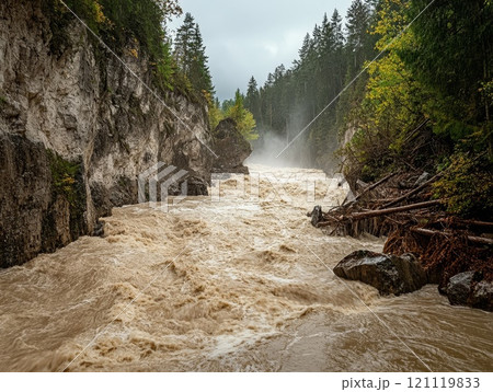 Raging river in the mountains with trees and rocks. 121119833