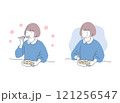 笑顔で食事する女性と涙を流しながら食事する女性の比較イラスト 121256547