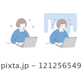 デスクワークをする笑顔の女性と焦っている女性の比較イラスト 121256549