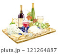 Red wine and snack served on a wooden board. Bottle, glass, green grapes, brie and cheddar cheese and figs. Composition for restaurant menu or wine list design. Clipart in rustic style. 121264887