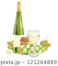 On the table lies a watercolor branch with white grapes, and next to it a glass of white wine and a bottle of green glass. Illustration of green berries. Clipart for tasting, menu, wine list. 121264889