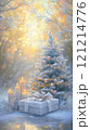 Christmas tree with gift and candles illuminating snowy landscape 121214776