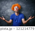 Confused clown shrugging in front of chalkboard background 121214779