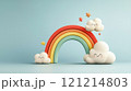 Cartoon rainbow smiling with cute clouds and stars in a colorful sky 121214803