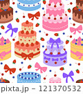 Seamless pattern with colorful cakes with cream, berries and bows on white background. Dessert for birthday, anniversary. Holiday baking. Vector flat illustration for wallpaper, textile, packaging 121370532