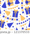 Seamless pattern with gift boxes, party hats and garlands in blue and yellow colors on white background. Birthday, anniversary celebration. Vector flat illustration for wallpaper, textile, packaging 121370533