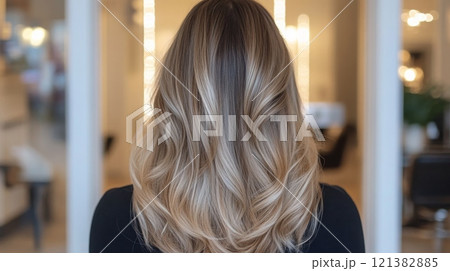 A woman with long, wavy hair featuring highlights stands with her back to the camera in a stylish salon. 121382885