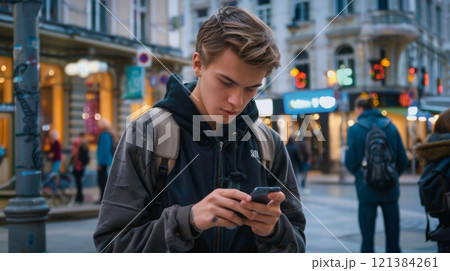 A young man focuses on his smartphone while standing in a bustling urban area filled with shops and pedestrians during the evening. 121384261