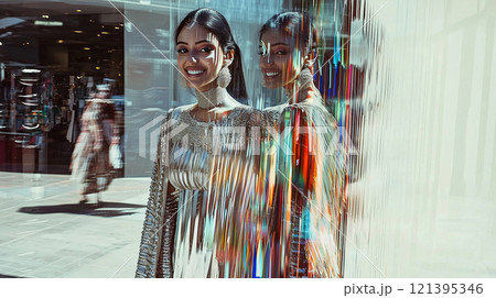 Elegant Indian woman in reflective prism dress captured on busy street 121395346