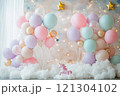 Whimsical unicorn-themed party setup with balloons indoor event space playful atmosphere dreamy viewpoint 121304102