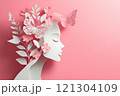 Graceful paper art portrait creative studio digital artwork floral environment side view beauty and nature concept 121304109