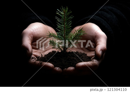 Nurturing a young tree nature conservation photography dark setting close-up growth and sustainability 121304110