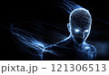 Futuristic glowing humanoid figure composed of light and energy trails 121306513