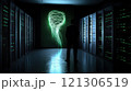 Abstract green energy glow in server room with man observing 121306519