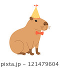 Funny festive capybara sits in party hat and bow tie. Cute capibara for holiday greeting card, invitation, banner. Birthday character. Vector flat illustration isolated on white background 121479604