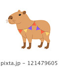 Funny festive capybara stands in garland. Cute capibara with flags for holiday greeting card, invitation, banner. Birthday character. Vector flat illustration isolated on white background 121479605