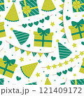 Seamless pattern with gift boxes, party hats and garlands in green and light green colors on white background. Birthday, anniversary celebration. Vector flat illustration for wallpaper, textile 121409172